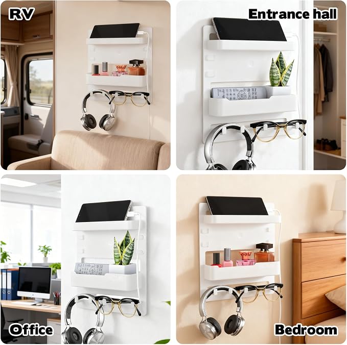 Sturdy Bedside Organizer Shelf for Dorm, Adhesive Bedside Wall Storage with Cable Clips, Space-Saving Floating Shelf for College Preppy Teen Adult Room Bedroom College Back to School Essentials