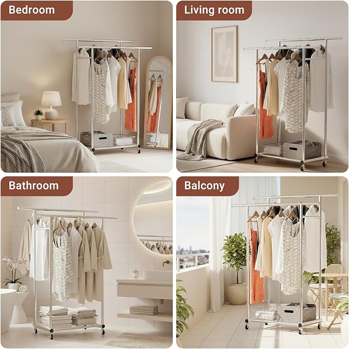 TigerParty Double Rods Clothes Rack for Hanging Clothes, Heavy Duty Sturdy Stainless Steel Clothing Rack, Rolling Garment Rack with Wheels for Bedroom Laundry Living Room