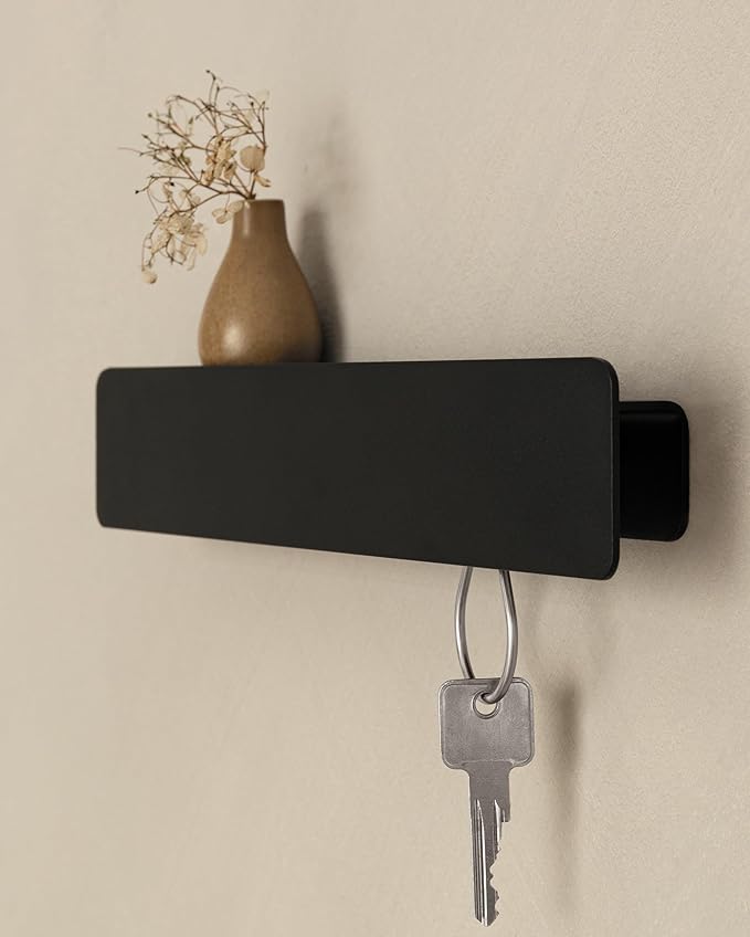 Kazai. Key Holder for Wall 'Kian' | Minimalist Key Rack Design from Berlin | Modern Metal Wall Key Hooks with Shelf | Mail and Key Holder for Entryway | Black