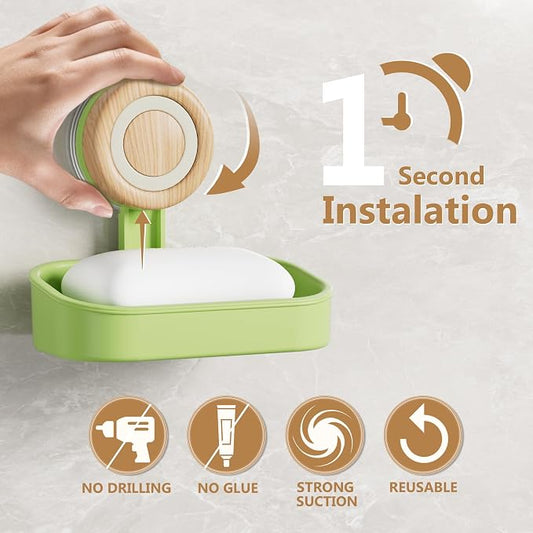 Double Layer Soap Dish for Shower 2 Pack, Wall Mounted Bar Soap Holder Suction Cup 2 Layer Self Draining Soap Case Sponge Holder for Shower Bathroom, Tub and Kitchen Sink, Green