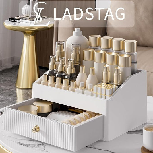 LADSTAG Makeup Organizer,Leather Skin Organizer with 1 Drawer&Tray,Luxury Beige White Makeup Storage for Perfume,Bedroom,Bathroom,Gifts for Women,Womens Gifts (White, 1-Drawer)