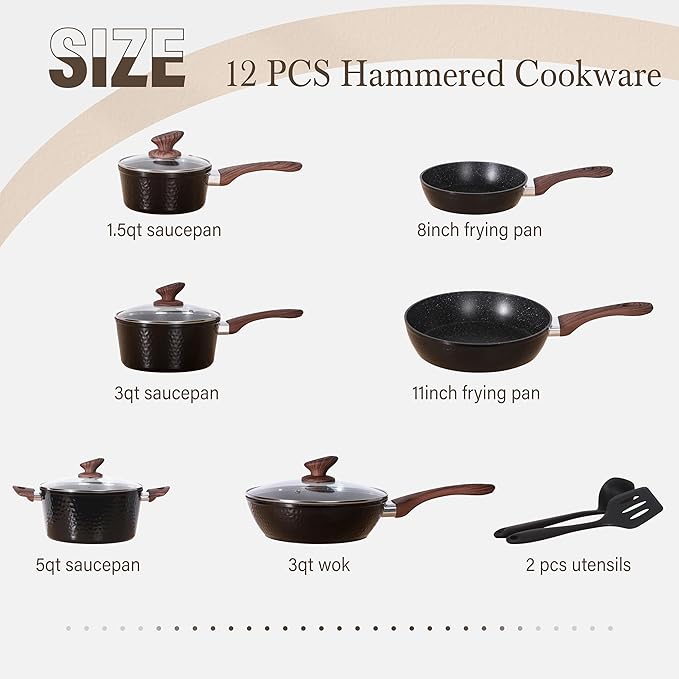 Kitchen Academy 12Pcs Nonstick Induction Pots and Pans Set, Hammered | Premium black healthy cookware for everyday cooking. Even heating, easy to clean. Stay-cool handles. 100% PFOA & PFAS free.
