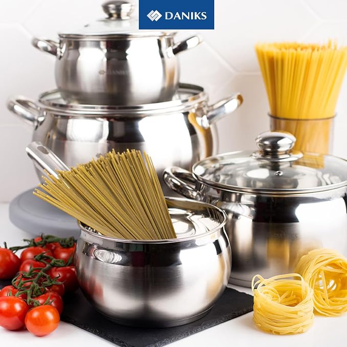 Daniks Classic 3 Quart Stainless Steel Stock Pot with Glass Lid, Tri-Ply Bottom for Even Heating, Induction Compatible, Dishwasher Safe