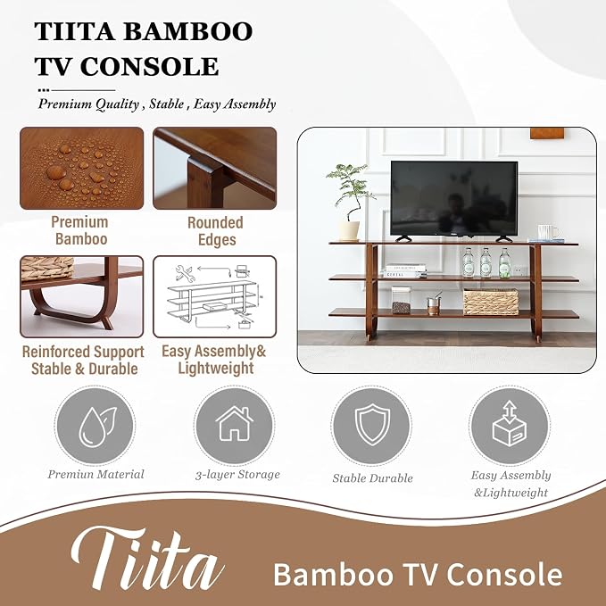 Tiita Wooden TV Stand for 65 Inch TV, Modern Media Console Table with 3-Tier Storage Shelves, Long Entertainment Center for Living Room, Walnut TV Stand with Open Display Rack