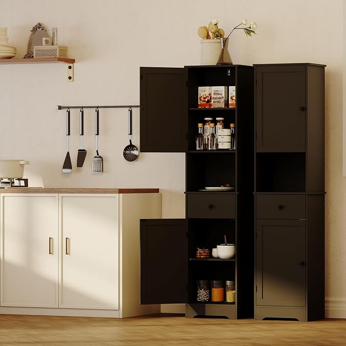 Viaozutis Tall Bathroom Cabinet, Storage Cabinet with 2 Doors & 2Drawer, with Ajustable Shelve, for Bathrooms, Kitchens,Entrances(Black)