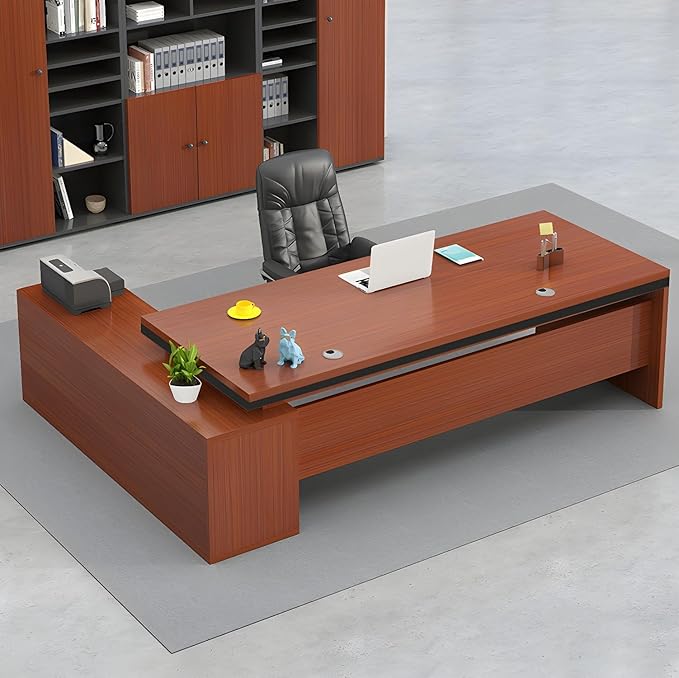 LITFAD Modern L-Shape Office Desk with Wood Base Executive Desks Boss Table Computer Desk Home Office Furniture with Drawers and Storage Shelves - Without Chairs 70.9" L x 31.5" W x 29.5" H Red