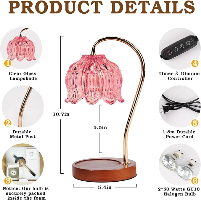 Funistree Flower Candle Warmer Lamp with Timer, Dimmable Candle Lamp Warmer, Christmas Birthday Gifts for Women Mom Her, Housewarming Home Decor, Lotus Wax Warmer for Yankee Candles - Pink Lily