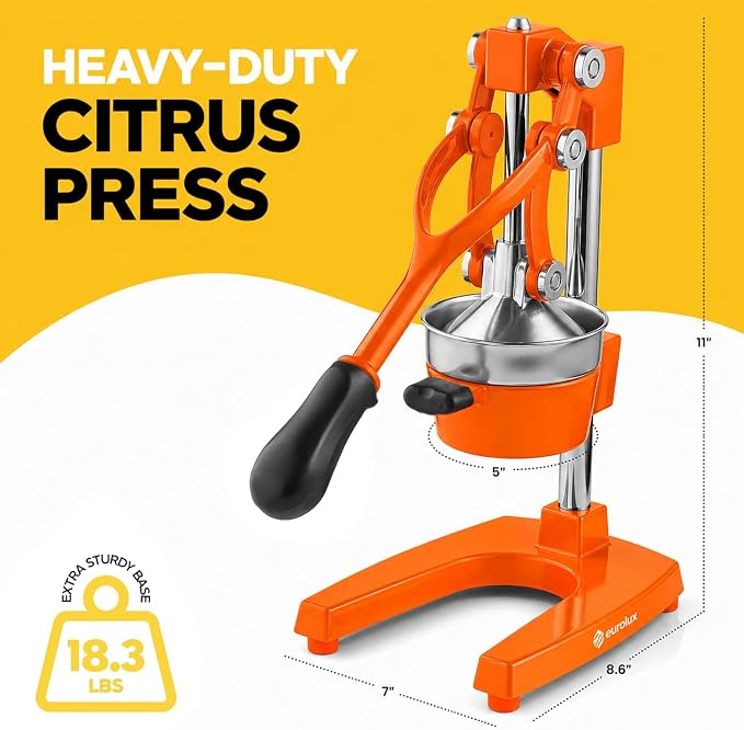 Eurolux Ultra-Premium Cast Iron Juicer | Extra-Large, Heavy Duty, Commercial Grade, Stainless Steel Manual Hand Press Citrus Squeezer For Fresh Orange Juice, Pomegranate, Lemon, and Much More (Orange)