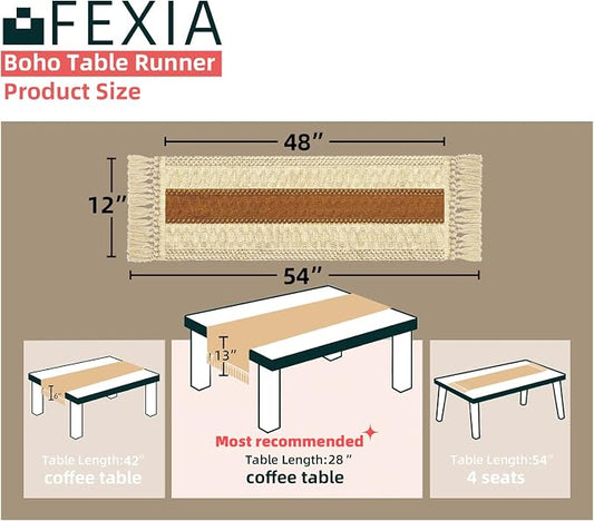 FEXIA Boho Table Runner 48 Inches Long Macrame Summer Decor Coffee Table Cover Farmhouse Stylewith Tassels for Party Bohemian Rustic Wedding Bridal Shower Dining Room Middle Brown (12x48 Inches)