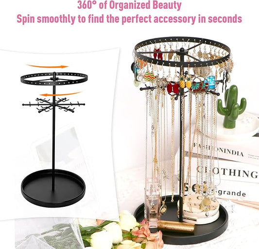 360 Rotating 2-Tier Jewelry Organizer Stand, Large Earring Holder Organizer with 48 Holes for Studs,24 Prongs for Necklaces, Wide Base for Bracelets, Watches, Lipstick, Jewelry Display Stand for Women