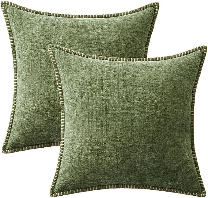 MIULEE Pack of 2 Couch Throw Pillow Covers 16x16 Inch Sage Green Farmhouse Decorative Pillow Covers with Stitched Edge Soft Chenille Solid Dyed Summer Pillow Covers for Sofa Bed Living Room