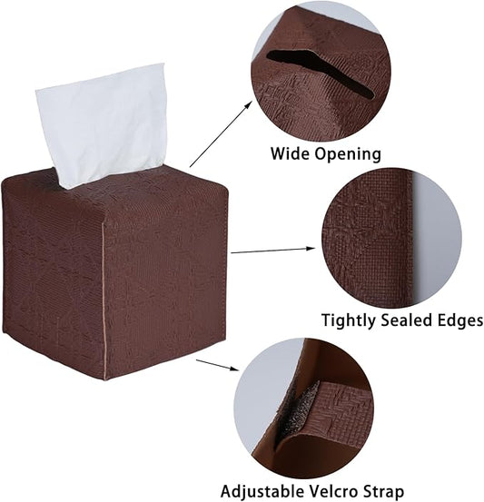 Tissue Box Cover 2-Pack, Square Tissue Holder with Bottom Belt, Modern Tissue Case Facial Paper Organizer Dispenser for Bathroom, Office, Home, Table, Car, Brown, Linen Pattern