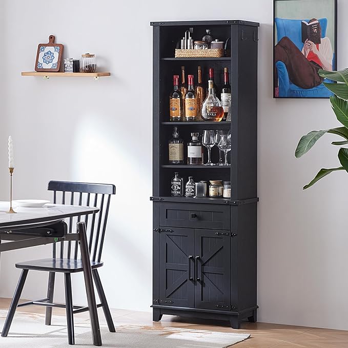 72in Tall Bookshelf 7 Tier Bookcase with Drawer and Barn Doors and Adjustable Shelves, Black Farmhouse Book Shelf with Storage Cabinet, Wood Freestanding Display Bookshelves for Kitchen (3PCS)