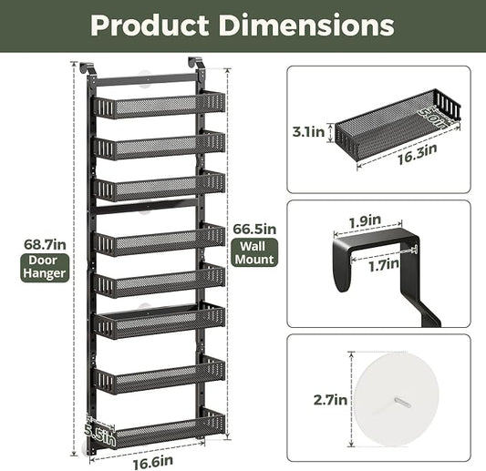 POKIPO 8-Tier Over the Door Pantry Organizer, 2 IN 1 Wall Mount or Hanging Spice Rack with Adjustable Raised Basket, Heavy Duty Back of Door Storage for Kitchen Bathroom Laundry Room