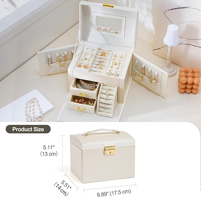 CASEGRACE Jewelry Box Organizer for Women Girls, Three Layer Jewelry Storage Box with Mirror PU Leather Jewelry Display Case for for Bracelets, Earrings, Rings, Necklaces,White