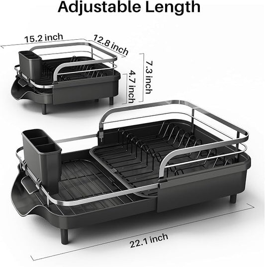 SNTD Dish Drying Rack, Expandable Dish Rack for Kitchen Counter, Stainless Steel Dish Drainer with Drainboard Set and Utensil Holder (Black)