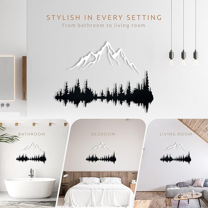 Wita Home Mountain and Forest Metal Wall Art, Wall Mounted Mountain Home Decor, Pine Trees Wall Art for Living Room, Bedroom or Office, Large Outdoor Wall Decor, Nature Christmas Decor (White, 24x16 inches)