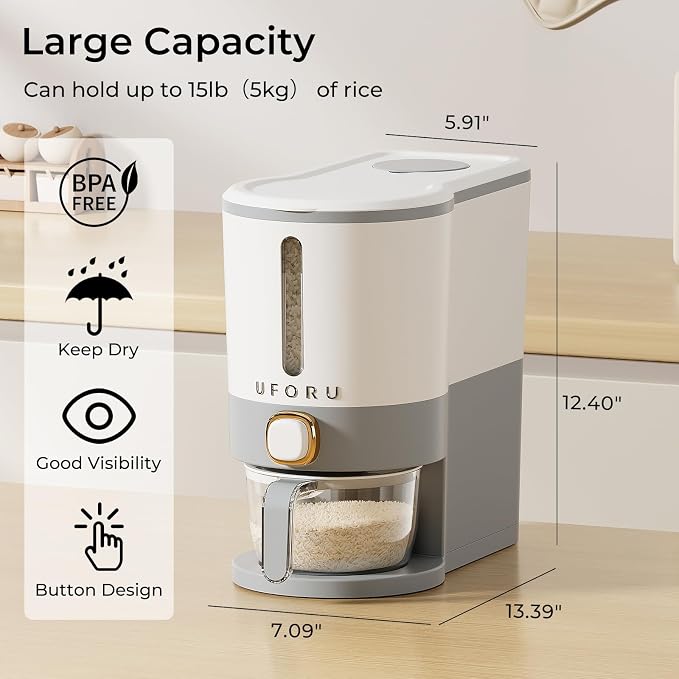 UFORU Rice Dispenser, Rice Storage Container with Measuring Cup for Kitchen Pantry Household, Dry Food Storage Containers Airtight, Sealed Moisture Proof (Grey 11 Lbs)