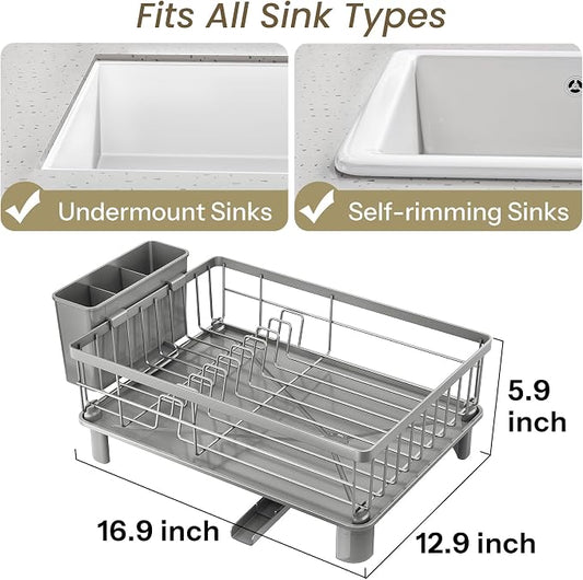 SNTD Dish Drying Rack - Small Dish Rack for Kitchen Counter, Stainless Steel Dish Drainer with Utensil Holder and Drainboard, 12.9" W x 16.9" L (Grey)