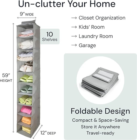 Boxy Concepts 10-Shelf Hanging Hat Organizer for Baseball Caps - Grey Contemporary Fabric - Space-Saving Baseball Cap Organizer & Closet Storage - Wall-Mount Hat Rack & Shoe Rack