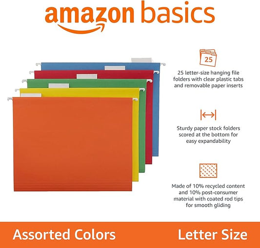 Amazon Basics Hanging File Folders with Adjustable Tabs, Sturdy Expandable Document Organizer, Letter Size, Assorted Colors, 25-Pack