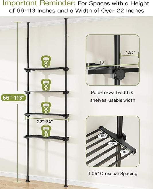 ALLZONE Adjustable Over The Toilet Storage Shelf, 4-Tier Ample Bathroom Organizer and Storage, Tension Mounted Above Toilet Storages Cabinet for Versatility, Fits 66-113 Inch Heights, Black