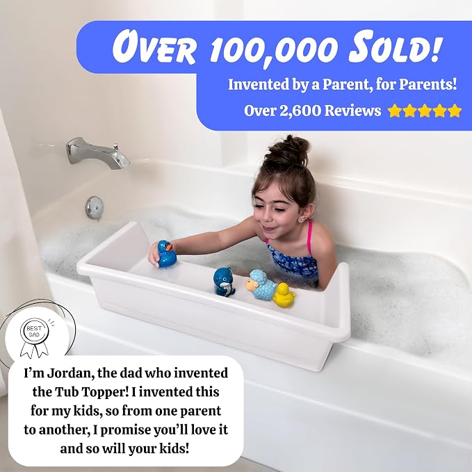 Tub Topper® Mini Bathtub Splash Guard for Kids - Compact Bath Splash Guard & Tub Play Shelf - Easy to Remove, Store & Clean - Patented Lip Design, Non-Silicone, BPA-Free, Made in USA (White)