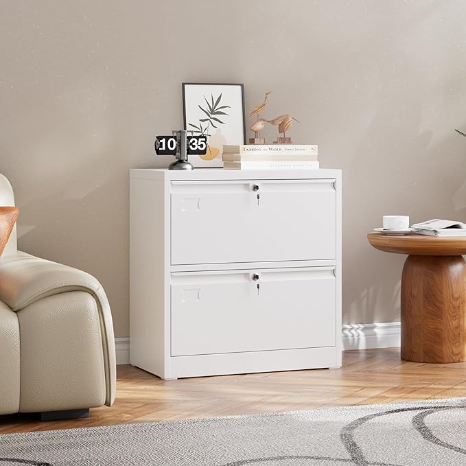 30.24" H Lateral File Cabinet with 2 Drawer,Metal Wide Filing Cabinet with 2 Locks and Business Card Slot for Home Office School Hanging Letter/Legal/F4/A4 Size Folders,Required Assembly,White