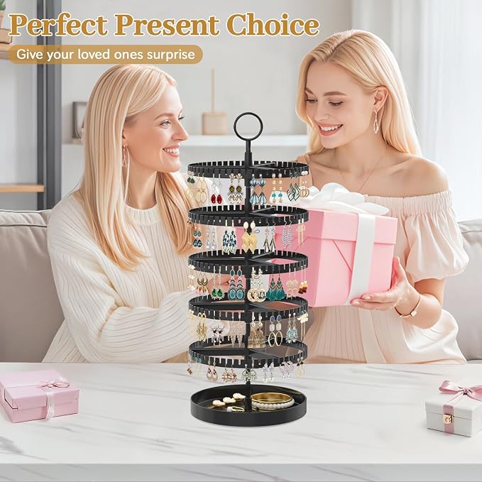MODOWEY 5 Tier Rotating Earring Holder Organizer Display Tree with Metal Tray, Adjustable Plastic Stand with 285 Slots for Stud Hoop Hanger, Large Capacity Storage Rack for Women Space Saving, Black