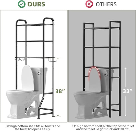 Simple Trending Over The Toilet Storage Rack, Metal 3 Tier Bathroom Organizer Shelf with Paper Holder and 3 Hooks, Freestanding Shelf Space Saver Above Toilet,Black