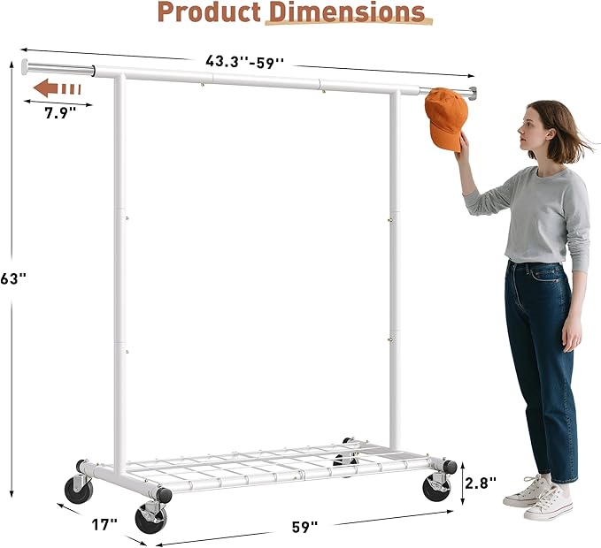 Raybee Clothing Rack for Hanging Clothes, Rolling Clothes Rack Load 250LBS, Metal Clothes Racks, Clothing Rack with Wheels Portable, White