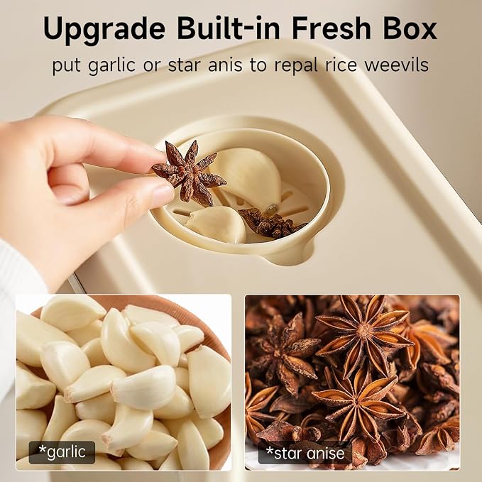 UFORU Rice Dispenser, 22 Lbs Rice Storage Container with Measuring Cup for Kitchen Pantry Household, Cereal Dry Food Storage Containers Airtight, Sealed Moisture Proof, Cream White