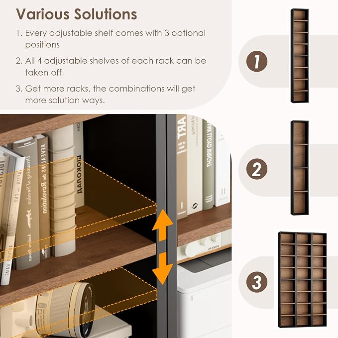 FOTOSOK 8-Tier Media Tower Rack, 11.6 X 9.3 X 71 Inches CD DVD Slim Storage Cabinet with Adjustable Shelves, Tall Narrow Bookcase Display Bookshelf for Home Office, Black/Brown