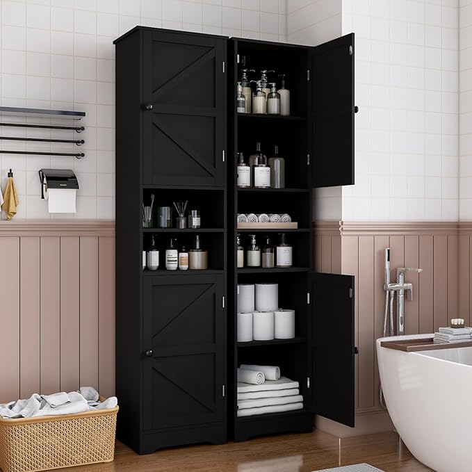 Tall Bathroom Storage Cabinet, Vertical Freestanding Organizer with Adjustable Shelf, Slim Design for Small Bathrooms, Towels & Toiletries Storage Black