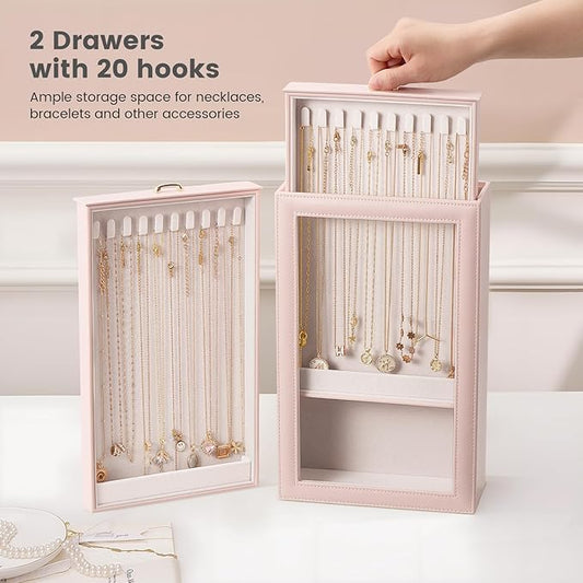 Lolalet Necklace Organizer Box, Jewelry Storage Box with Clear Window for Necklaces Bracelets, Tangle-Free Necklace Display Case for Women Girls, Pink, 2 Layers 20 Hooks