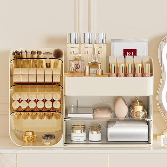 Makeup Organizer Countertop with 2 Drawers, Large Capacity Make Up Organizers for Vanity, Bathroom Organizers and Storage, Cosmetics Organizer Easy To Storage Brushes Eyeshadow Lipstick, Cream