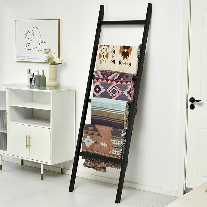 FUIN 6.4ft Extra Wide Wooden Blanket Ladder Living Room Decorative Wal Leaning Farmhouse Quilt Display Holder Rustic Wood Towel Rack for Bathroom, Black, 24 inch Wide