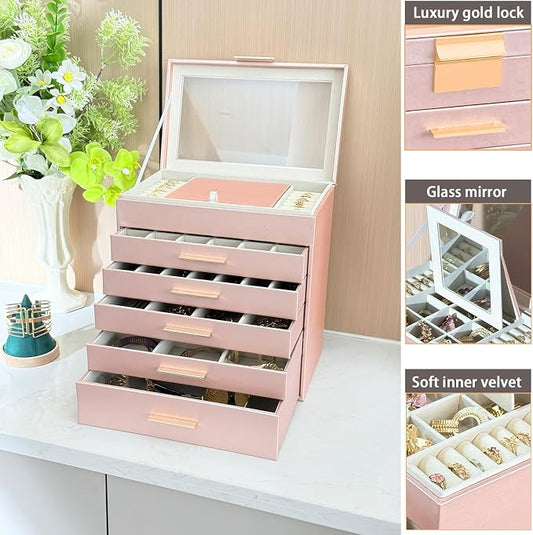 BOOVO Jewelry Boxes for Women, White and Black 6 Layer Large Jewelry Box for Necklace, Bracelet, Earrings, Rings Storage, Jewelry holder Organizer for Girls Gift (Rose gold, 6 layer)