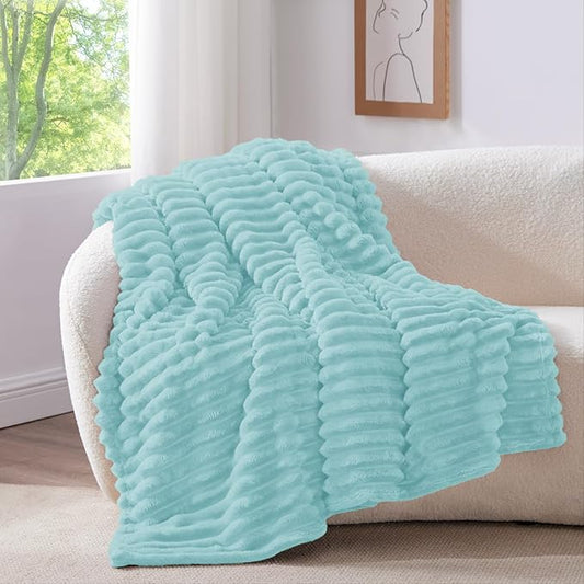 BEDELITE Fleece Throw Blanket for Couch - 300GSM Soft & Warm Fluffy Cloud Blue Blanket, Decorative and Giftable Striped Blankets for Women, Men, 50"x60"