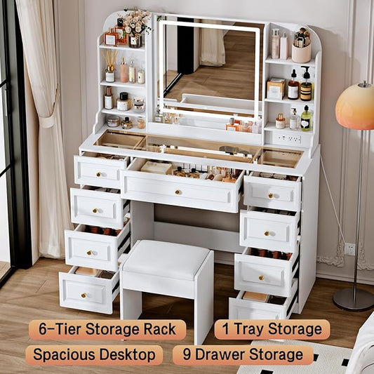 43" Makeup Vanity Desk with Mirror and Lights, & Power Outl, Glass Top Big Vanity Table with 9 Drawers& 8 Storage Shelves, Dressing Table Set with Chair for Bedroom, White