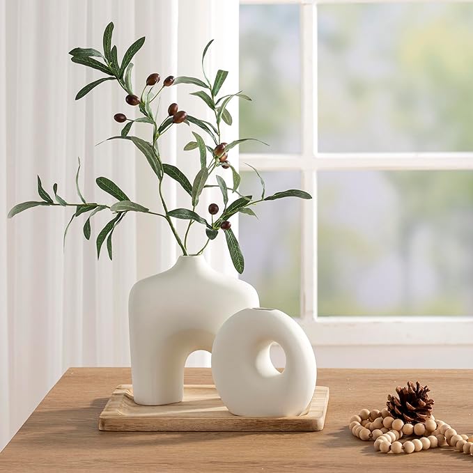 Dobbyby Ceramic Vase Set of 2, Modern Donut Vases for Minimalist Nordic Home Decor, Waterproof Round Vase, Decorative Centerpiece Vases for Living Room, Entryway, Table Decor (02-Matte Cream)