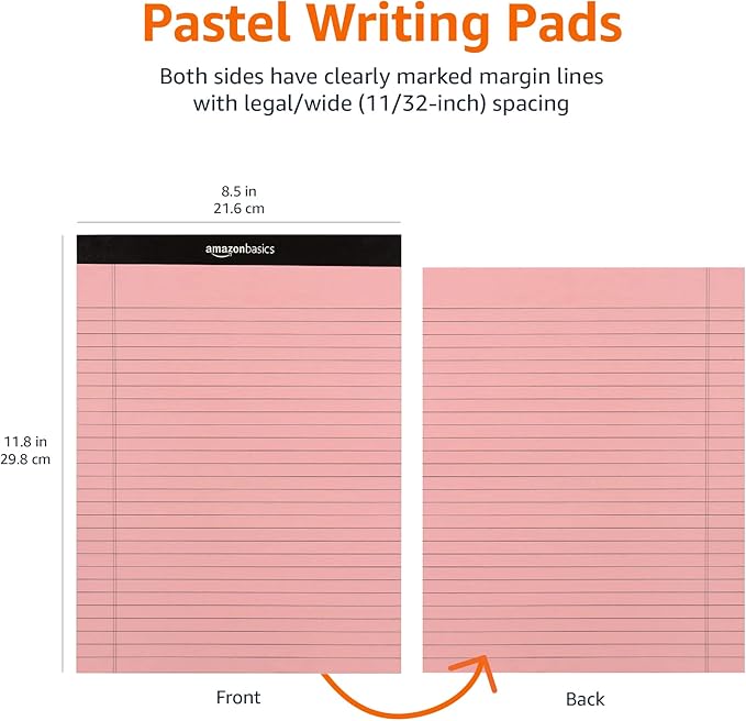 Amazon Basics Wide Ruled 8.5 x 11.75-Inch 50 Sheet Perforated Lined Writing Note Pads, Pack of 72, 300 Count, Multicolor