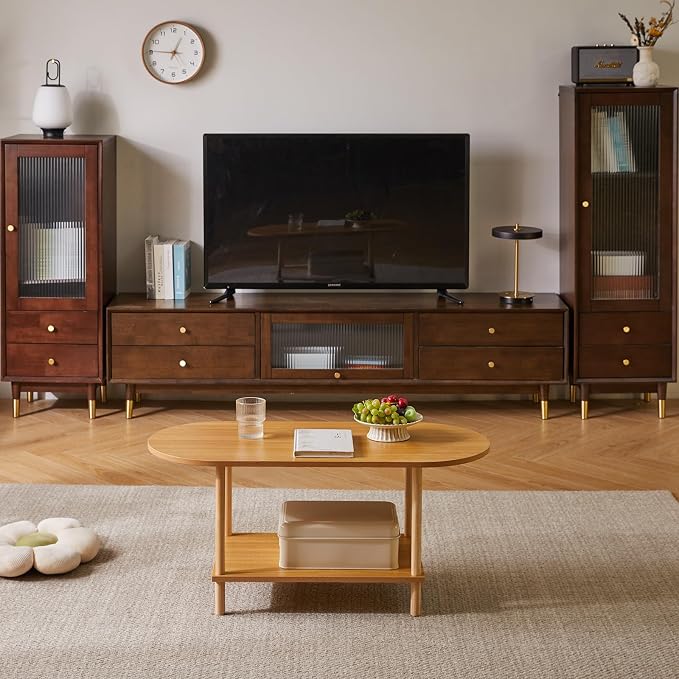 Aibiju Wooden Tea Table Small Coffee Table, 2 Tier Coffee Table for Living Room, 35x16x17inch Tea Table Stand with Storage Shelf Natural Wood Color YD-012N
