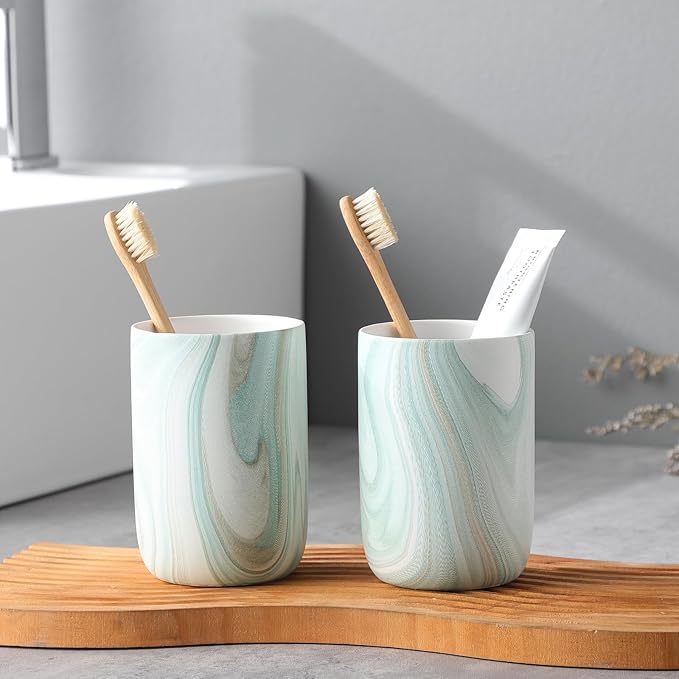 Green Marble Toothbrush Holder - Ceramic Toothbrush Holder for Bathroom, Toothbrush Toothpaste Holder, Marble Bathroom Tumbler Cups Reusable Toothbrush Mouthwash Cup, Bathroom Counter Organizer