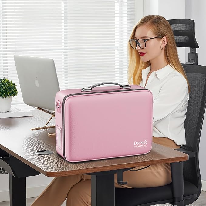 DocSafe Fireproof Document Box with Lock&Shoulder Strap,Hard Case File Organizer with Accordion File Folder,Multi-Layer Portable Home Office Travel Safe Storage for Important Documents Laptop Pink