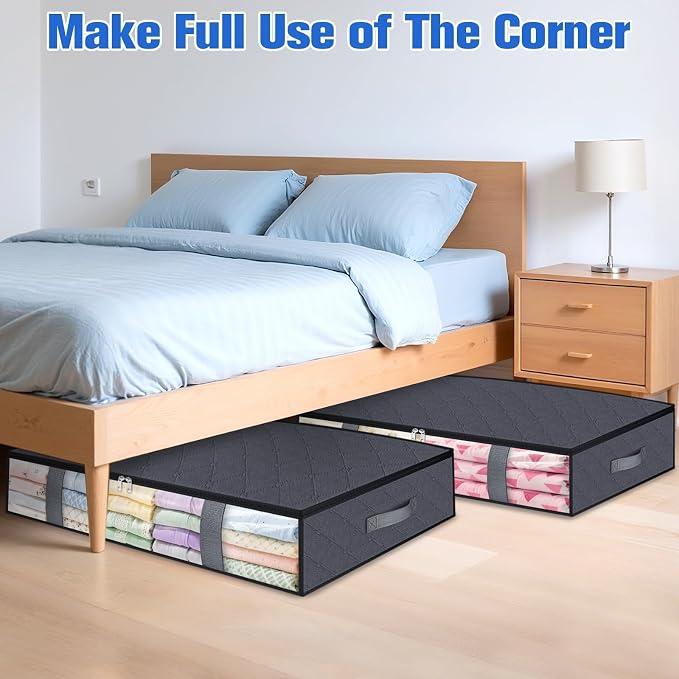 TasticTotes Under Bed Storage Containers, 8 Pack Blanket Storage Bags, Collapsible Storage Bags with Big Zippers, Clear Front, Shoe Storage and Organization for Clothes, Comforter, 90L, Grey
