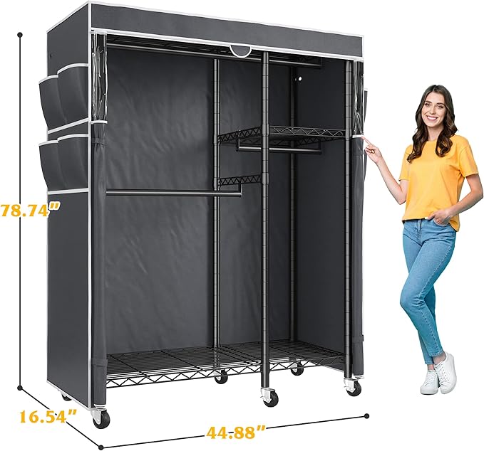 Raybee Clothes Rack with Cover Clothing Racks for Hanging Clothes Heavy Duty Portable Closet with Wheels,Rolling Garment Rack for Bedroom,Black