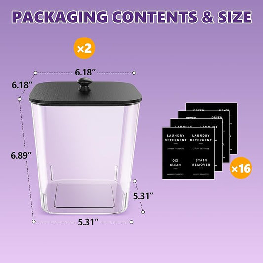 Moforoco 2 Pcs Laundry Pods Container, Clear Laundry Room Organization Containers,Large Detergent Powder Storage, Black Wooden Lids & Labels
