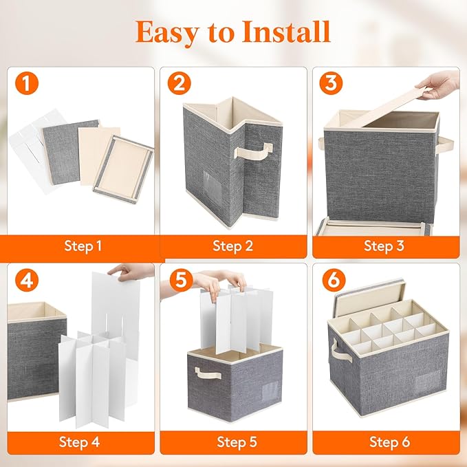 Lifewit 2 Pcs Wine Glass Storage Box with Dividers, Stackable Cationic Hard Shell Stemware Containers with 24 Cells, Foldable Dustproof China Containers for Moving, Light Grey, 37 x28x27cm