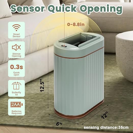 ELPHECO Bathroom Trash Can with Lid Butterfly, Motion Sensor Trash Can Bathroom Decor Automatic Garbage Can Wastebasket Bathroom Accessories, Kitchen, Living Room, Office, Sage Green